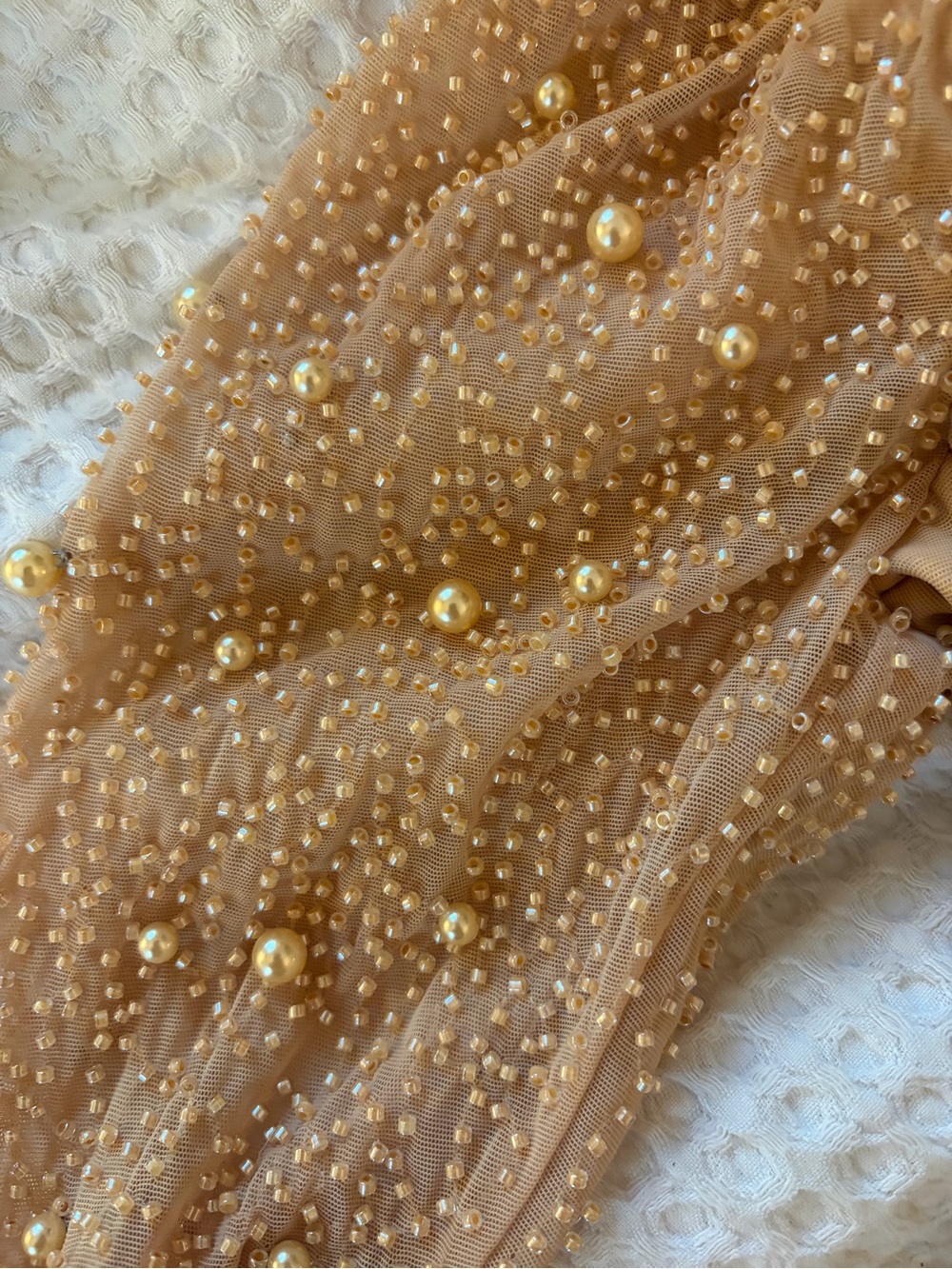 Oh Polly “St Germain” Nude Pearl-Sleeve Bodycon Mini Dress - Picture 5 of 5